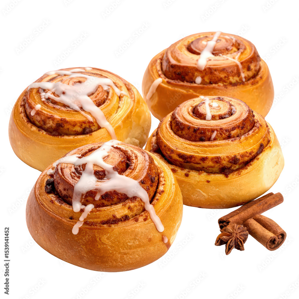 Fototapeta premium Freshly baked cinnamon rolls with white icing drizzled on top, served with cinnamon sticks and star anise, ideal for breakfast or dessert