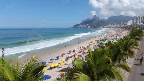 Aerial view of famous Ipanema Beach on a sunny day in Rio de Janeiro, Brazil.	
