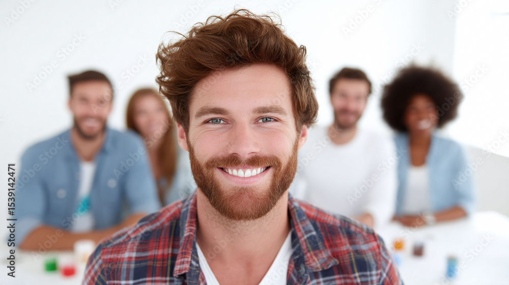 Fototapeta premium Smiling man with diverse team in background. Leadership, success, and unity concepts. Ideal for business, education, or community projects.