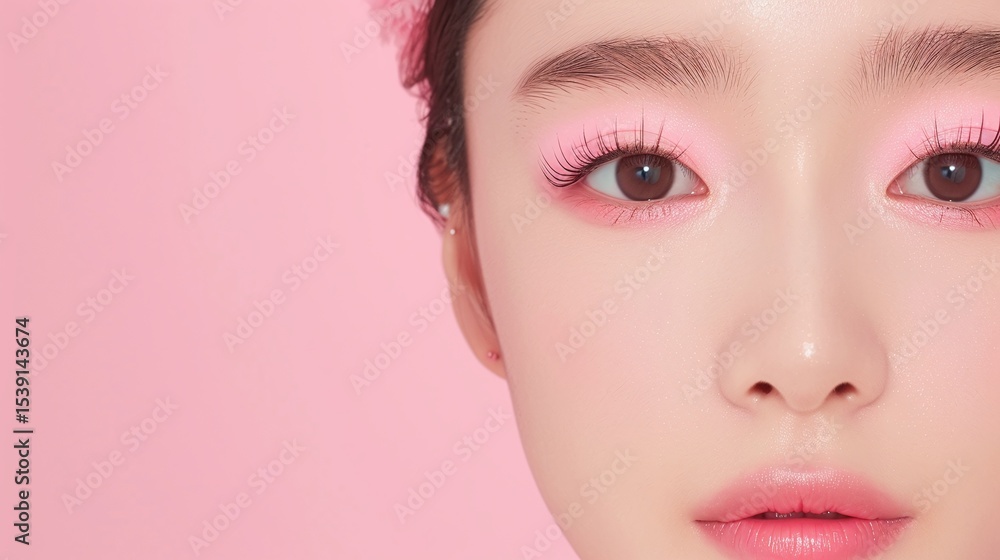 Fototapeta premium Portrait of Asian woman with pastel pink makeup, Minimalistic clean background, Feminine beauty concept with lash and lip focus
