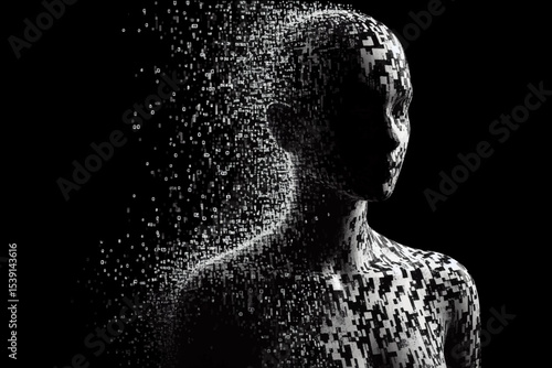 A black and white silhouette of an avatar of a female AI image incarnating from digital information clusters in a virtual space on a white isolated background. Vector graphics. EPS.