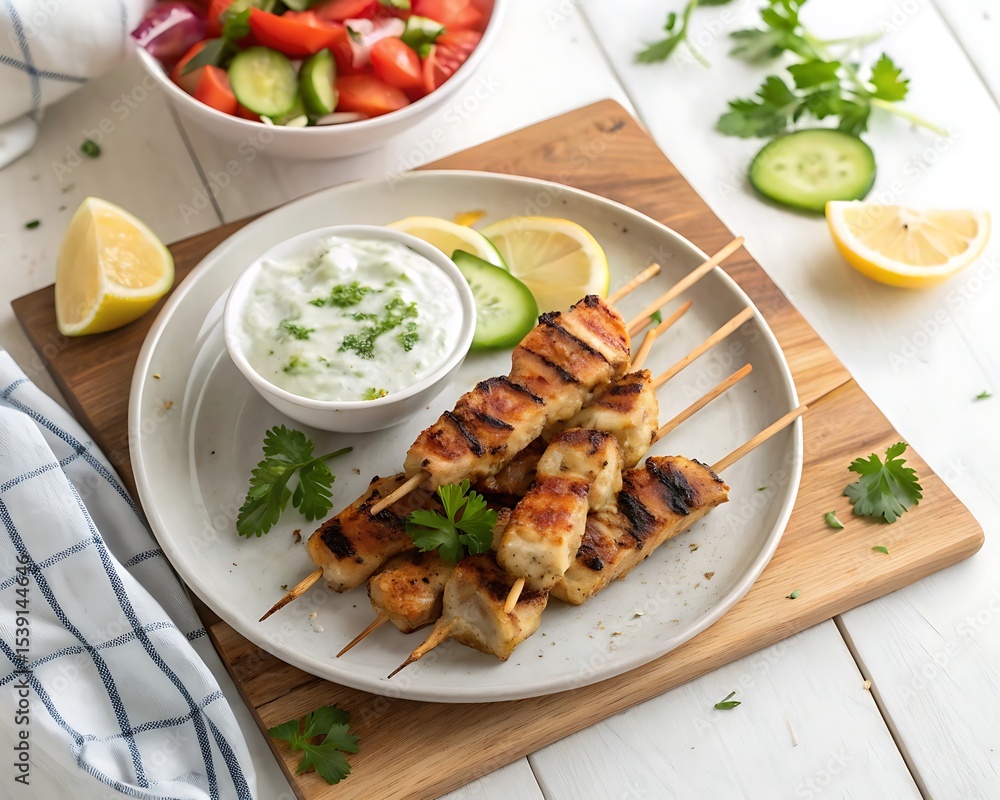 Delicious grilled chicken souvlaki skewers served with tzatziki sauce and fresh salad Delicious grilled chicken souvlaki skewers served with tzatziki sauce and fresh salad