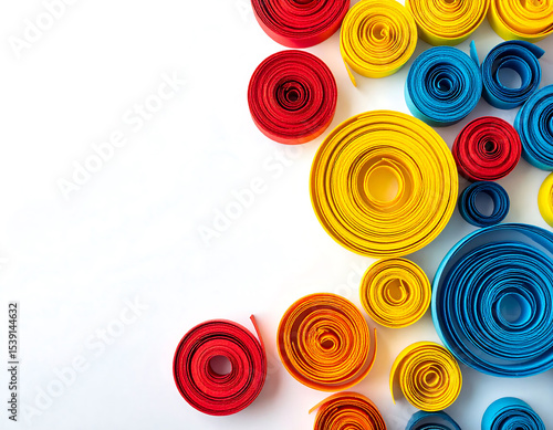 Colorful quilled paper spirals create an abstract border with space for text. Ideal for crafting, design, education, or vibrant backgrounds. Playful and modern.