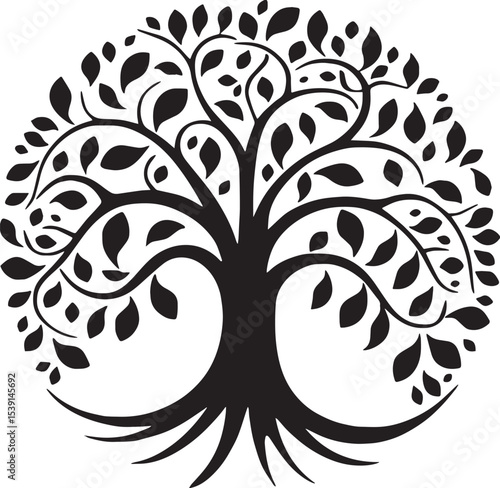 Elegant black and white tree of life graphic design.
