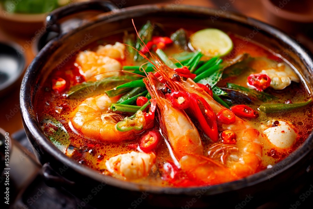 A vibrant bowl of spicy shrimp soup showcases fresh prawns, herbs, and chilies in a steaming broth. The dish is served in a traditional pot, reflecting local culinary culture A vibrant bowl of spicy shrimp soup showcases fresh prawns, herbs, and chilies in a steaming broth. The dish is served in a traditional pot, reflecting local culinary culture