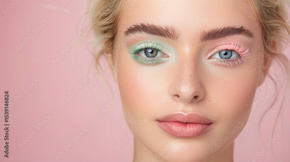 Fototapeta premium Woman with split pastel eyeshadow makeup, Pink and green eye color styling, Artistic and creative beauty concept, High fashion cosmetic portrait