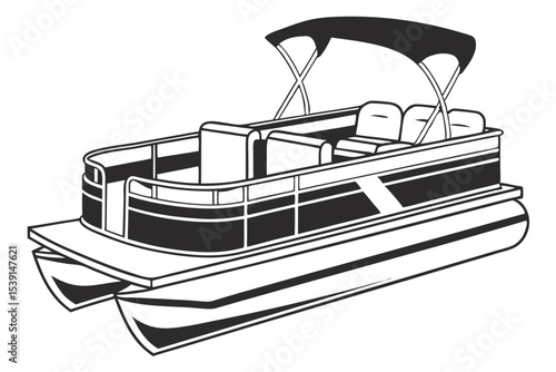 Monochrome Pontoon Boat Illustration Leisurely Watercraft with Covered Seating Area and Unique Twin Hull Design for Recreational Boating