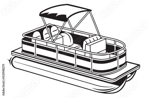 Monochrome Pontoon Boat Illustration A Relaxing Day on the Water for Leisure and Recreation in Simple Black and White