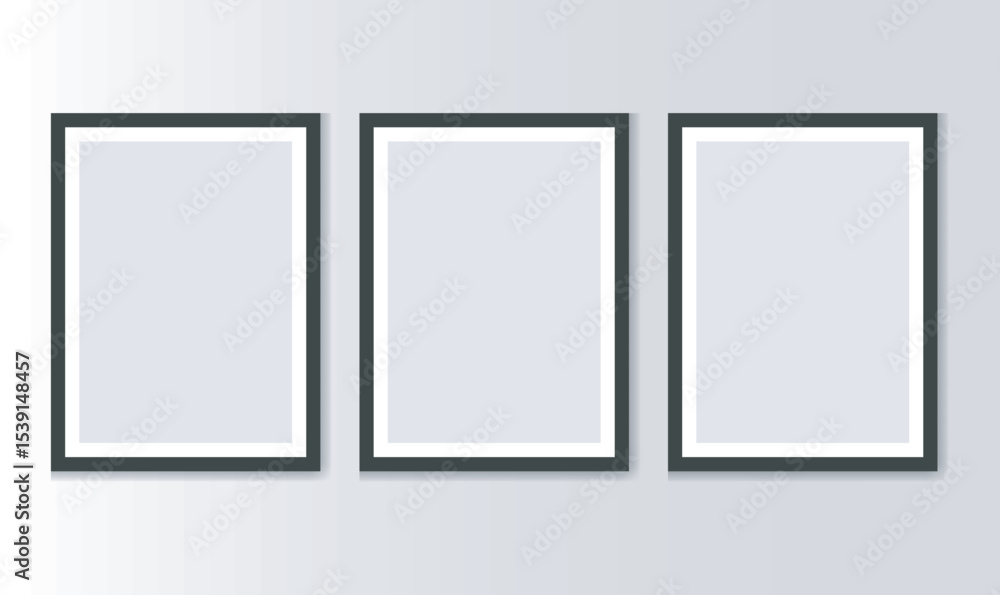A minimalist depiction of three empty, black-framed pictures hanging on a light gray wall. The mood is clean, modern, and versatile, ideal for showcasing artwork or design concepts. A minimalist depiction of three empty, black-framed pictures hanging on a light gray wall. The mood is clean, modern, and versatile, ideal for showcasing artwork or design concepts.