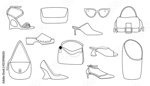 This collection of illustrations includes stylish women's accessories and shoes, perfect for fashion projects. 
