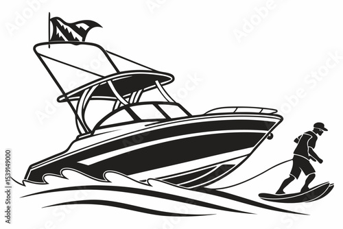 Wake Surfing Adventure A Man Riding the Waves Pulled by a Motorboat on a Sunny Day Out at Sea