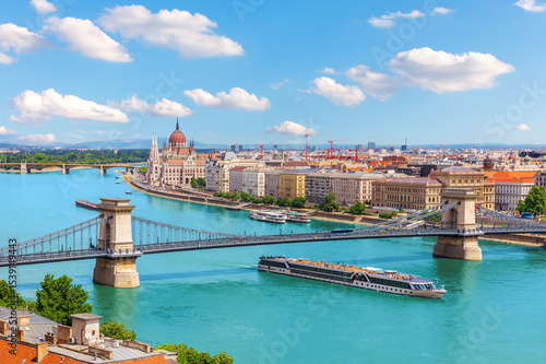 Skyline day view of Budapest with Parliament building, Chain Bridge and Danube river, Hungary