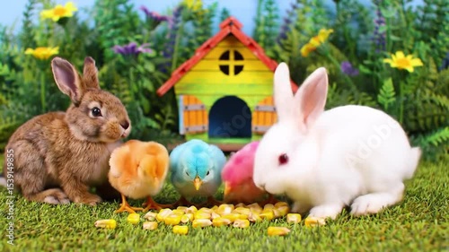 Colorful Chicks and Bunnies in a Garden