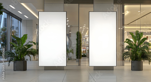 Two vertical white banner mockups at shopping mall entrance  large scale. Realistic 3D render for retail advertising template