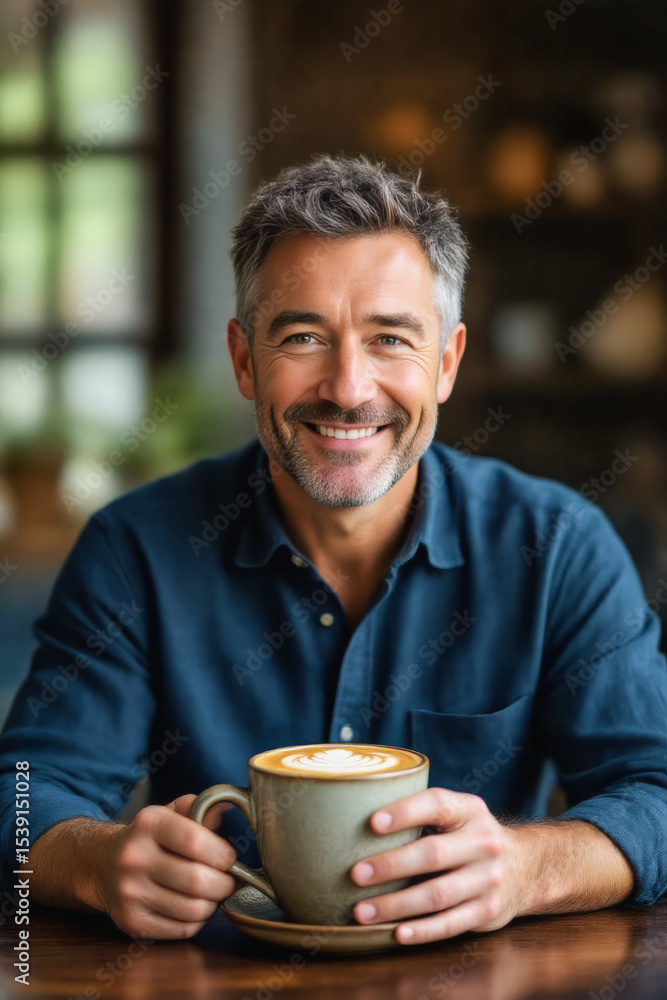 A smiling, mature man with graying hair holds a latte while seated in a cafe, looking directly at the camera. A smiling, mature man with graying hair holds a latte while seated in a cafe, looking directly at the camera.