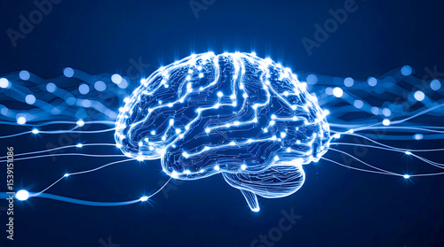 Human brain digital illustration. Electrical activity, flashes and lightning on a blue background.
