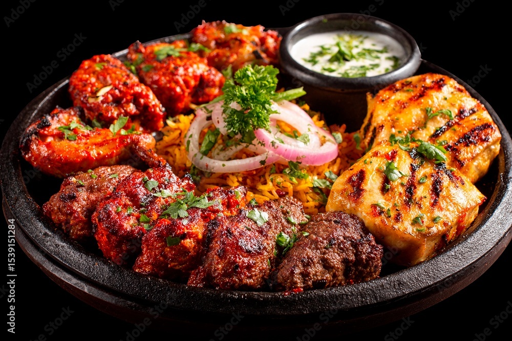 A vibrant assortment of grilled meats including chicken, lamb, and fish, served with aromatic rice and flavorful sauces garnished with fresh herbs and onions A vibrant assortment of grilled meats including chicken, lamb, and fish, served with aromatic rice and flavorful sauces garnished with fresh herbs and onions