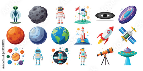 Space exploration cartoon icons set astronauts planets rockets galaxy
