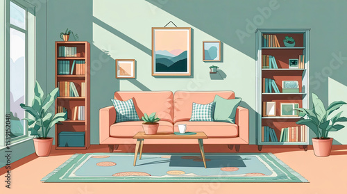 Wallpaper Mural Modern flat illustration with livingroom interior in pastel pink colors, light background for concept design. Living room interior. Modern home decor. Home decoration. Background interior. Torontodigital.ca