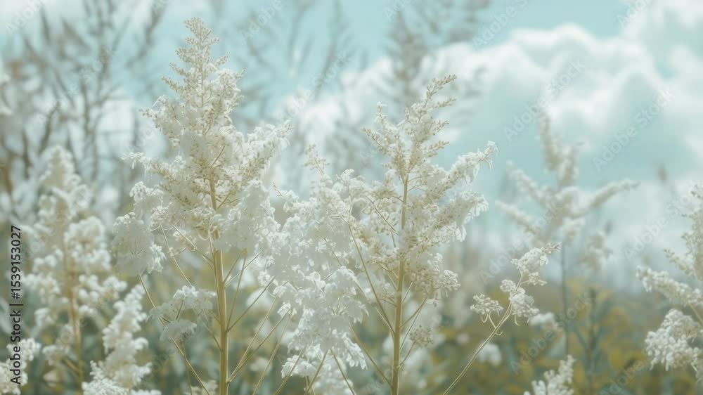 Vibrant white flowers blooming against a cloudy blue sky background Vibrant white flowers blooming against a cloudy blue sky background