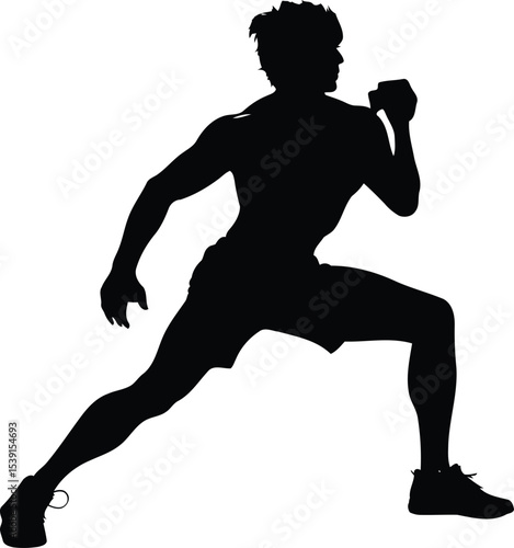 Silhouette of a Male Athlete in a Dynamic Lunge Pose, Fitness Exercise