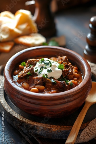 chili goulash, beans, sour cream,