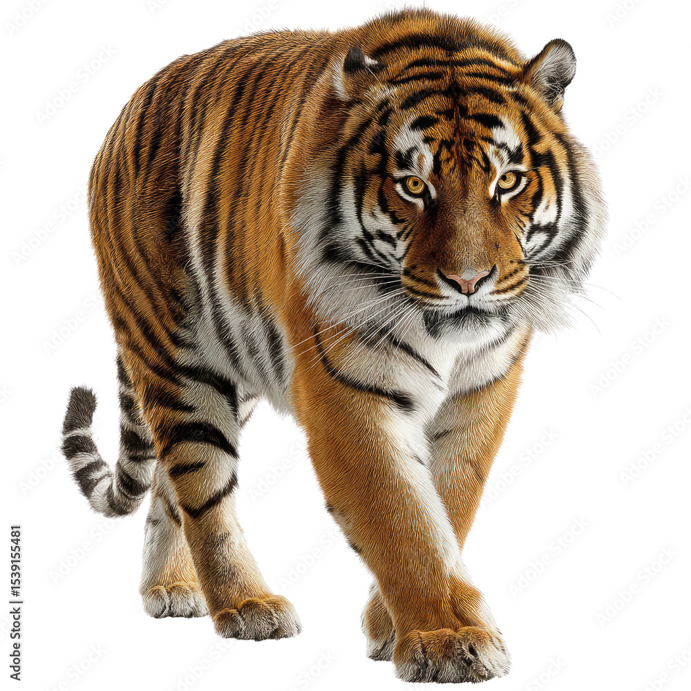 Fototapeta premium Majestic bengal tiger stalking towards the viewer isolated on a clean black background