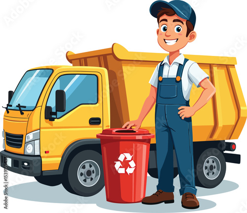 Cartoon sanitation worker with garbage truck and recycling bin vector illustration design concept