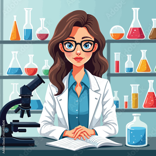 Cartoon female scientist in lab coat with microscope and beakers science research illustration