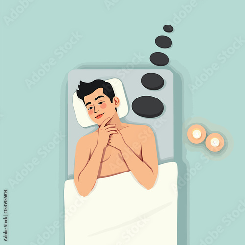 Man relaxing at spa with cool stone massage and candles for wellness and mental health treatment therapy