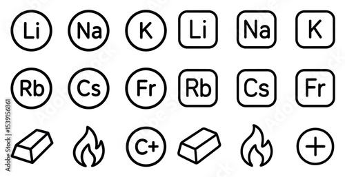 Chemistry linear icons set – periodic, elemental, educational symbols for science