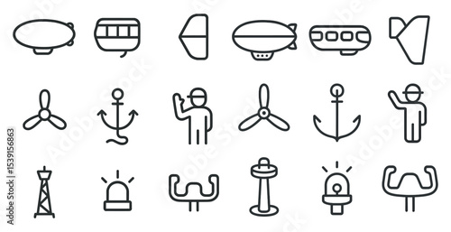 Transportation and travel outline icons set – linear, vector, mobility and transit symbols