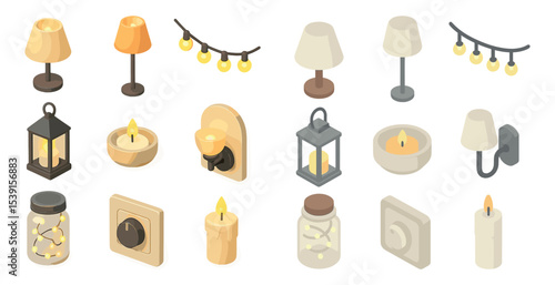 Home decor isometric icons set – 3d, lighting, candles and lamps collection