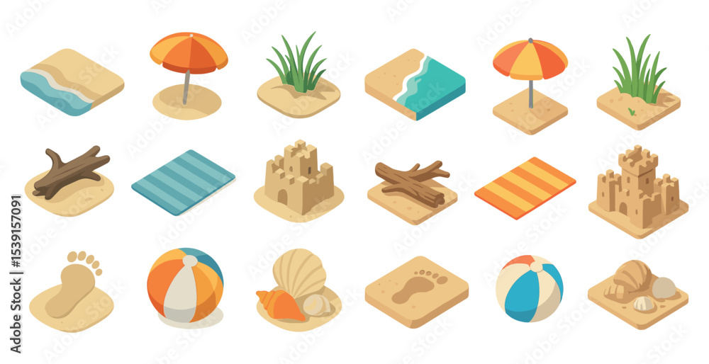 Beach and vacation isometric icons set – seaside, summer, holiday symbols Beach and vacation isometric icons set – seaside, summer, holiday symbols
