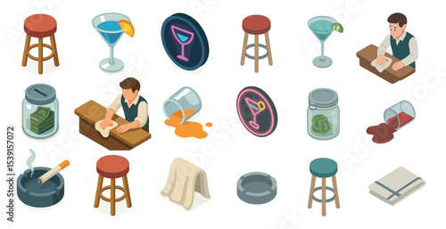 Bar and cocktail isometric icons set – drink, pub, bartender and mixology symbols