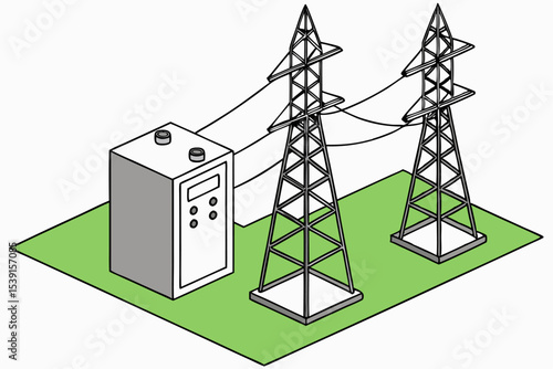 Power network concept, transmission towers with control equipment, electrical grid, energy distribution, utility infrastructure, power supply, clean technology, sustainable energy.