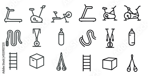 Fitness and exercise outline icons set – gym, workout, health symbols