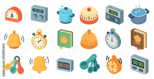 Cooking and kitchen timer icons set – isometric, flat, culinary and gadget symbols