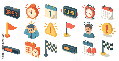 Time management icons set – isometric, countdown, alarm and schedule symbols