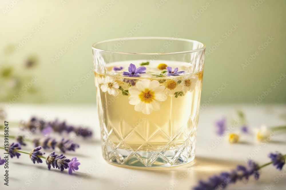 Fototapeta premium A refreshing beverage in a faceted glass, adorned with delicate flowers and sprigs of lavender, sits on a marble surface, evoking a sense of tranquility and natural beauty.