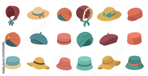 Fashion hat icons set – isometric, stylish, headwear collection