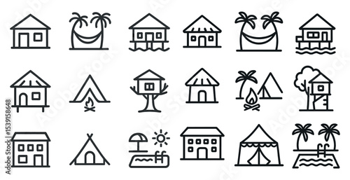 Camping and lodging outline icons set – line, silhouette, accommodation and outdoors