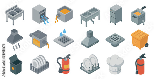 Kitchen equipment icons set – isometric, 3d, culinary and cooking symbols