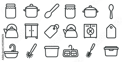 Home kitchen line icons set – outline, flat, cooking and culinary symbols