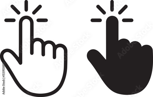 Hand cursor icon clicking with sound effect lines.