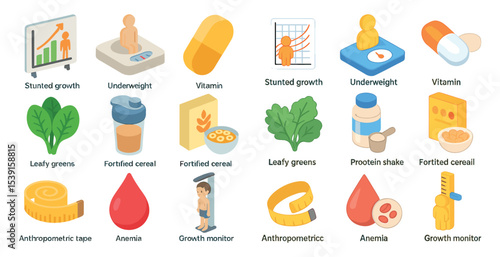 Nutrition and health isometric icons set – diet, vitamins, wellness symbols