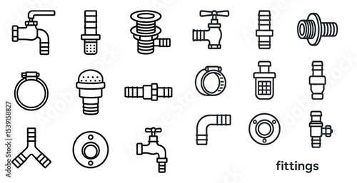 Plumbing and pipe outline icons set – fittings, waterworks, repair symbols