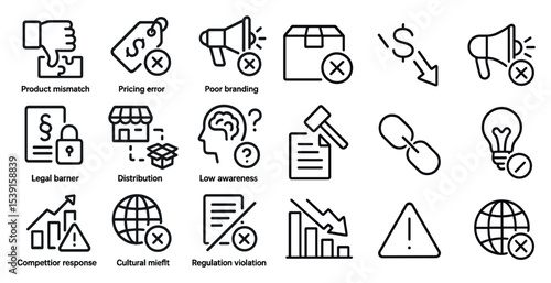 Business challenge line icons set – linear, outline, corporate problem symbols