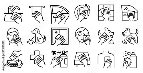 Cleaning and hygiene outline icons set – linear, line, sanitation and care symbols