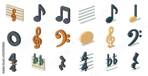 Music and notes 3d icons set – isometric, symbols, melody and rhythm designs